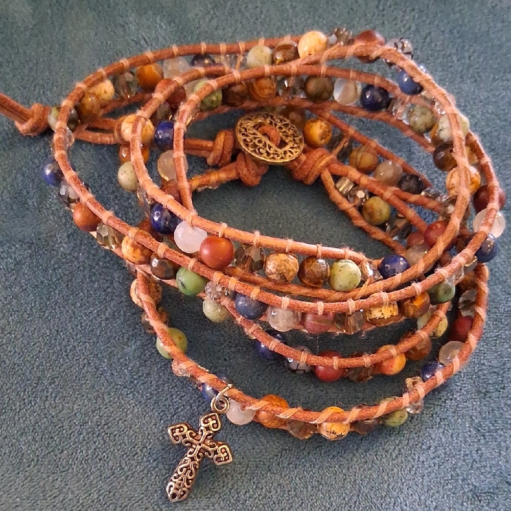 Jasper, Lapis, Quartz,fire Agate Wrap Bracelete 4 To 5 Wrap.